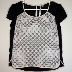 LAUREN CONRAD Lace Blouse Medium Black Cream Cap Sleeve Keyhole